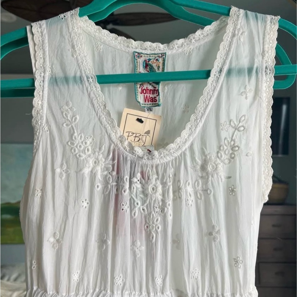 Johnny Was White Eyelet Drawstring Tank Dress with Floral Tag - Picture 4 of 5